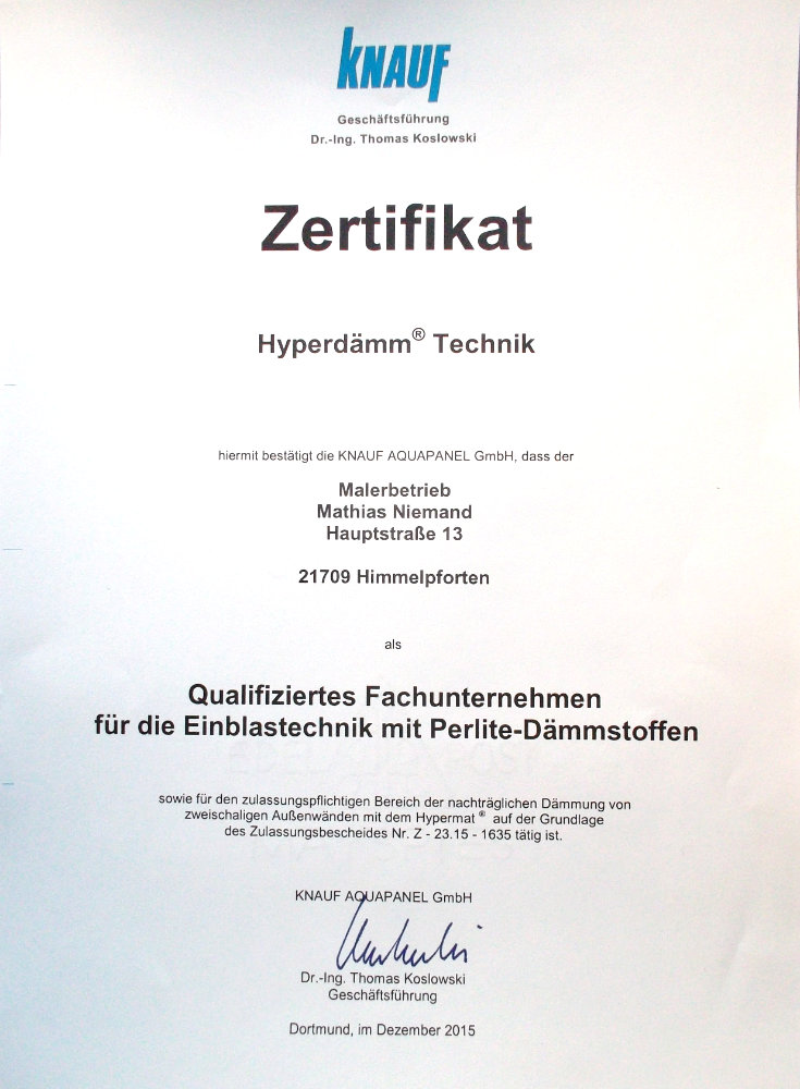 Zertifikat KNAUF Hyperdämmtechnik